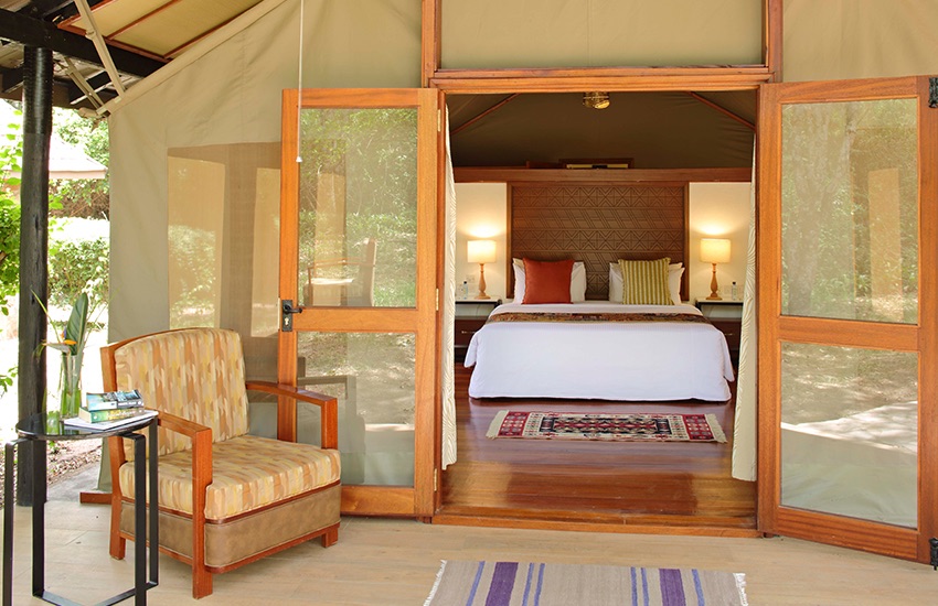 Safari tent veranda with private outdoor seating